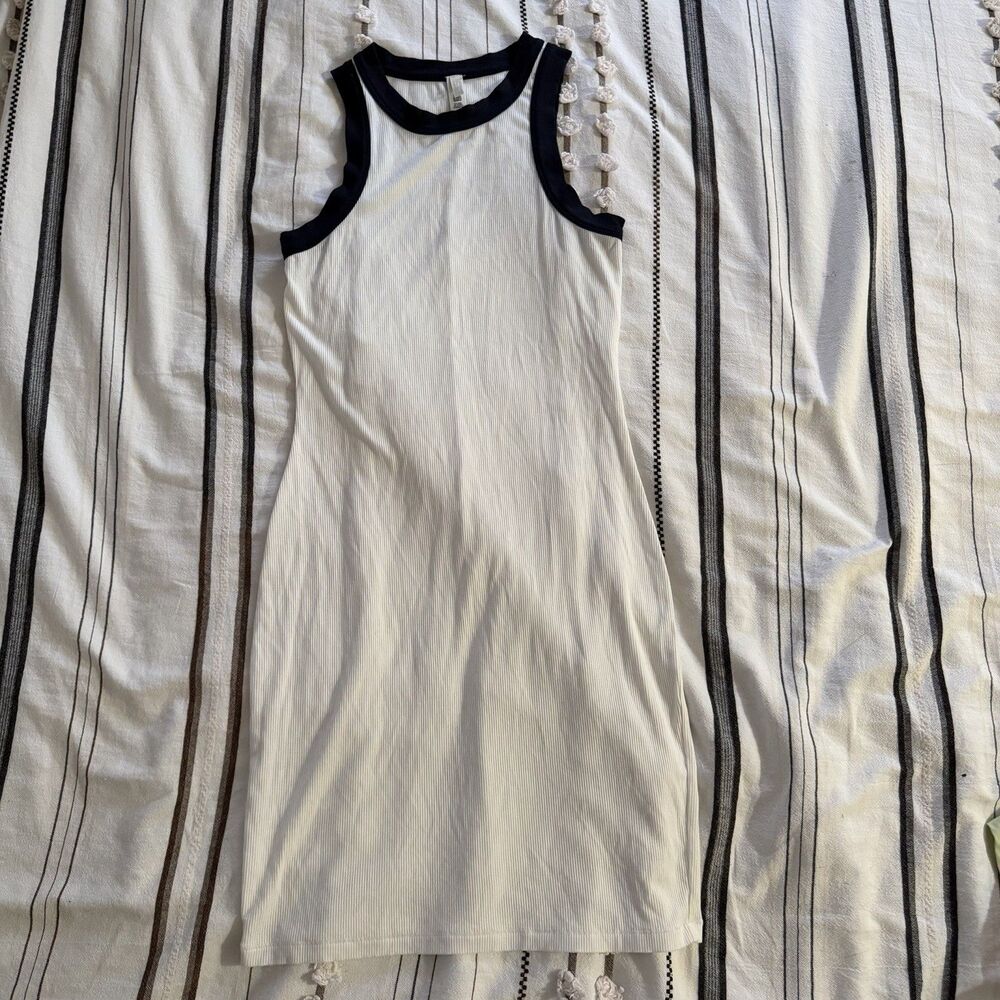 SKIMS Soft Lounge Ribbed Tank Mini Dress White Navy Contrast Trim Size L